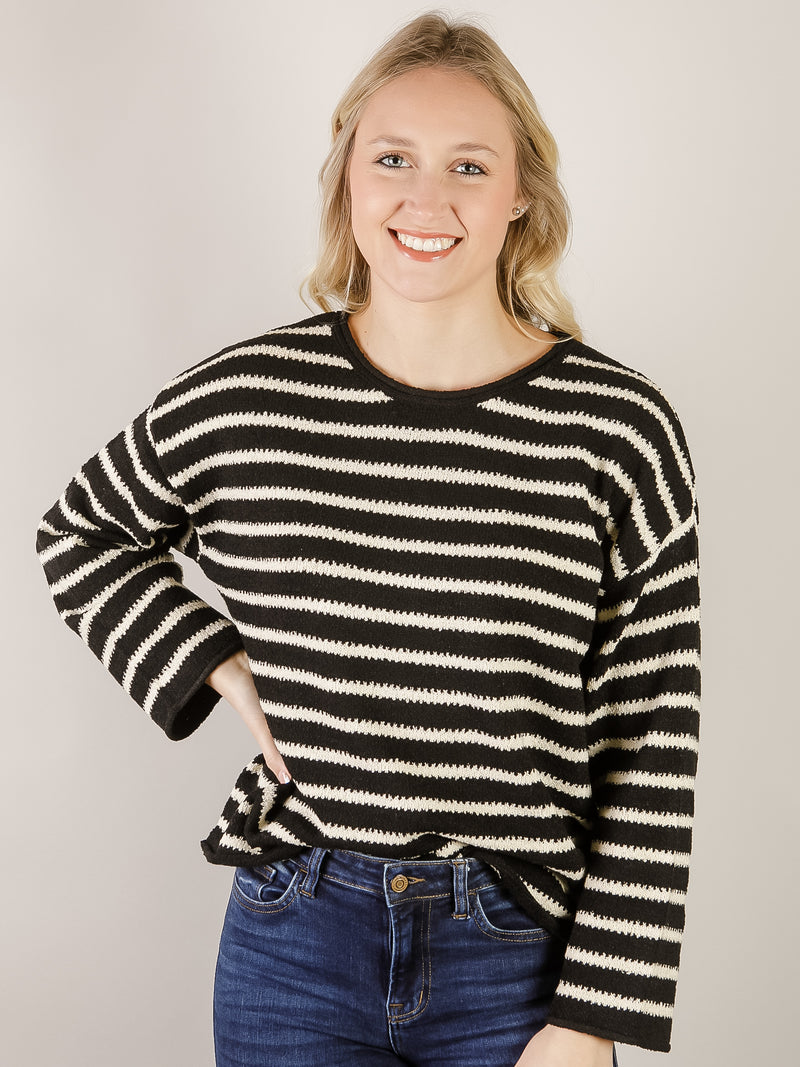 Black with White Stripes Boatneck Top