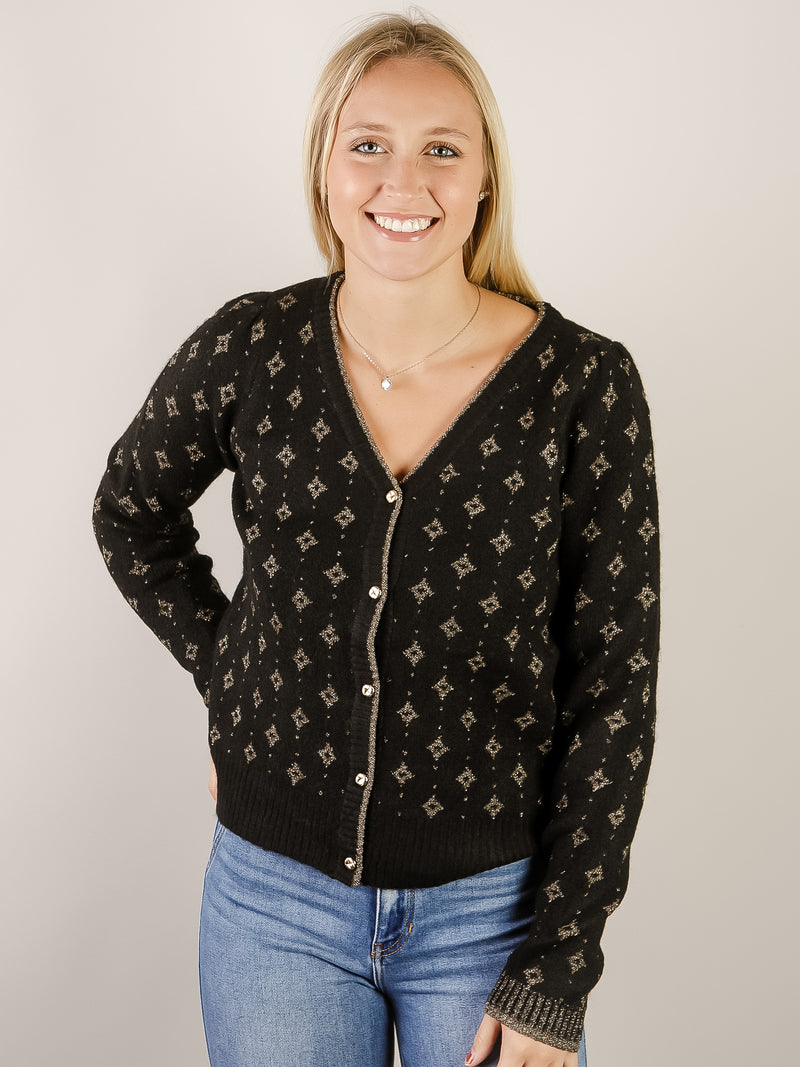 Black with Gold Print Button Up Cardigan