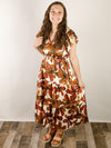 Rust Floral Satin Tiered Dress