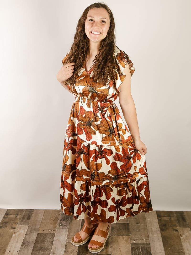 Rust Floral Satin Tiered Dress