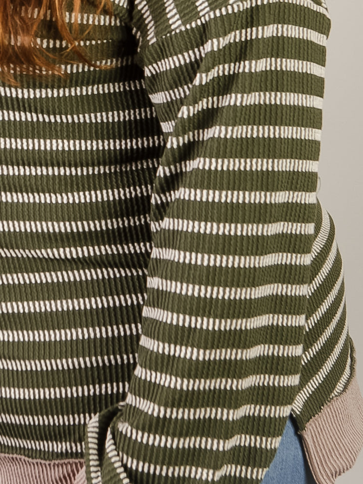 Curvy Olive Ribbed Striped Top