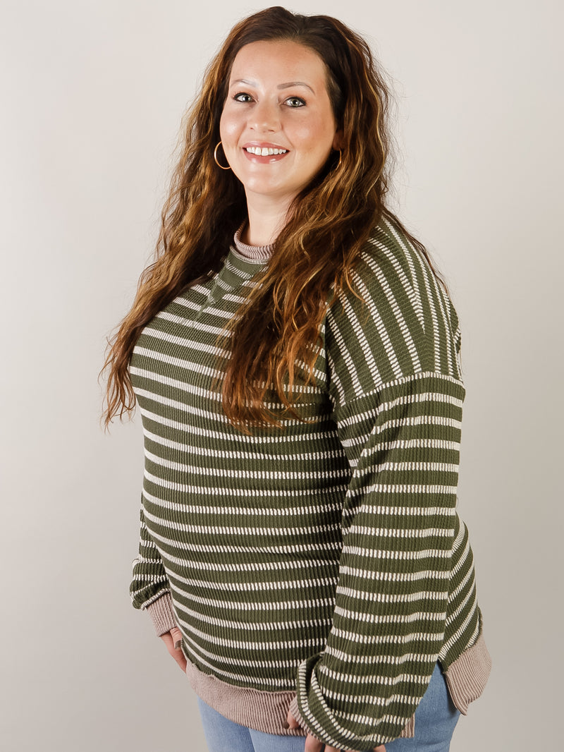 Curvy Olive Ribbed Striped Top