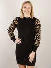 Black Sweater Knit Dress with Leopard Sleeve