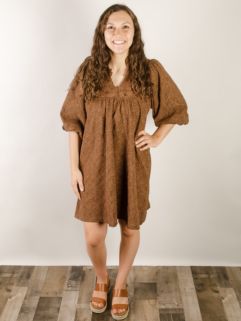 Brown Jacquard Floral Lace Dress