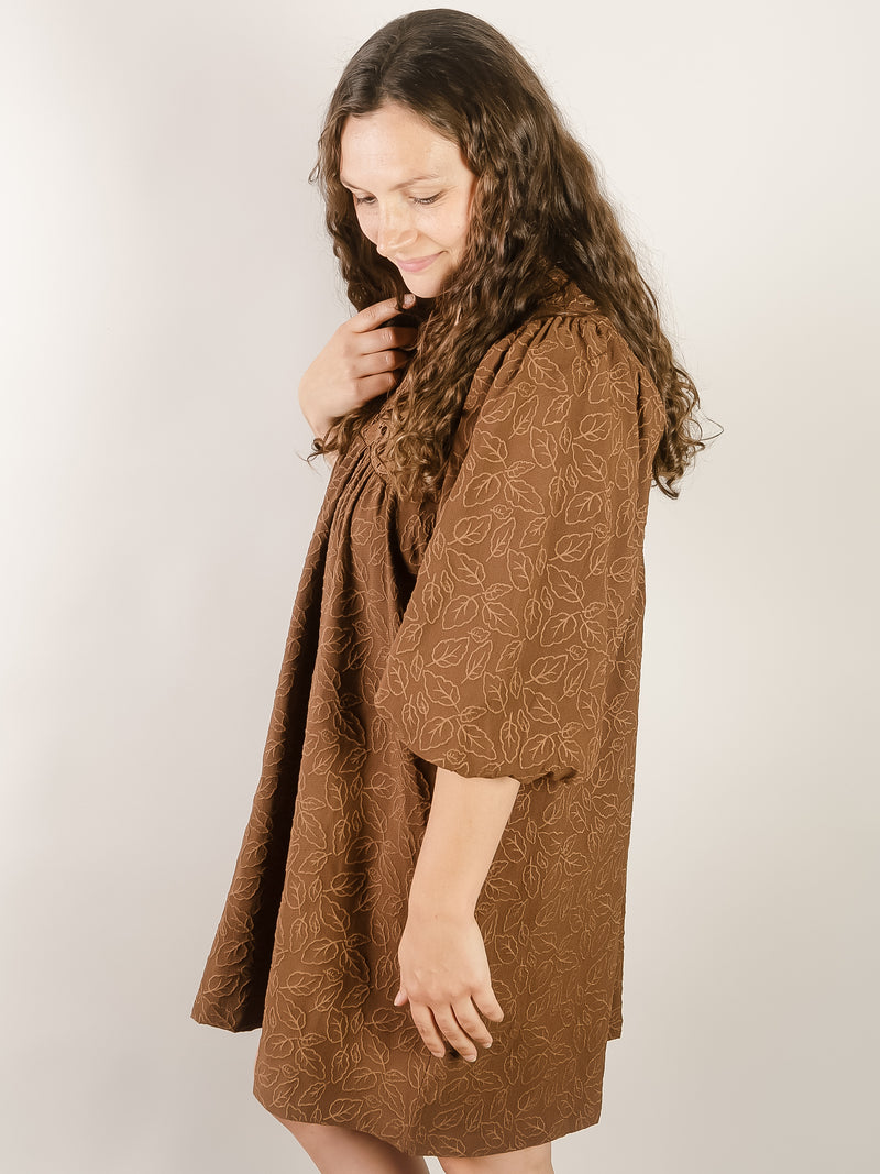 Brown Jacquard Floral Lace Dress