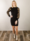 Black Sweater Knit Dress with Leopard Sleeve