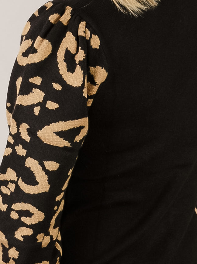 Black Sweater Knit Dress with Leopard Sleeve