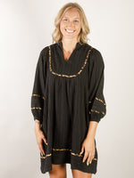 Textured Black Babydoll Dress with Leopard Trim