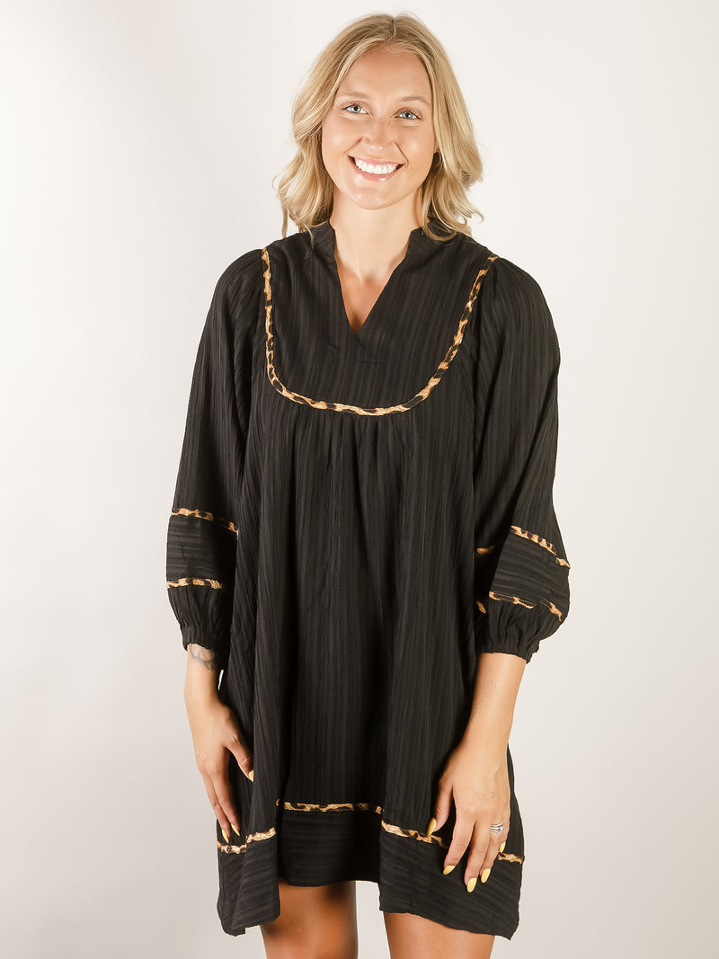 Textured Black Babydoll Dress with Leopard Trim