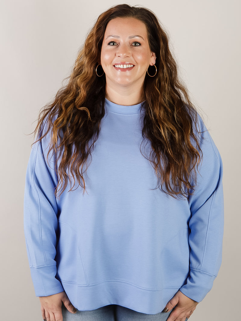 Curvy Blue Round Neck Scuba with Side Slits