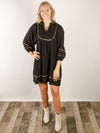 Textured Black Babydoll Dress with Leopard Trim