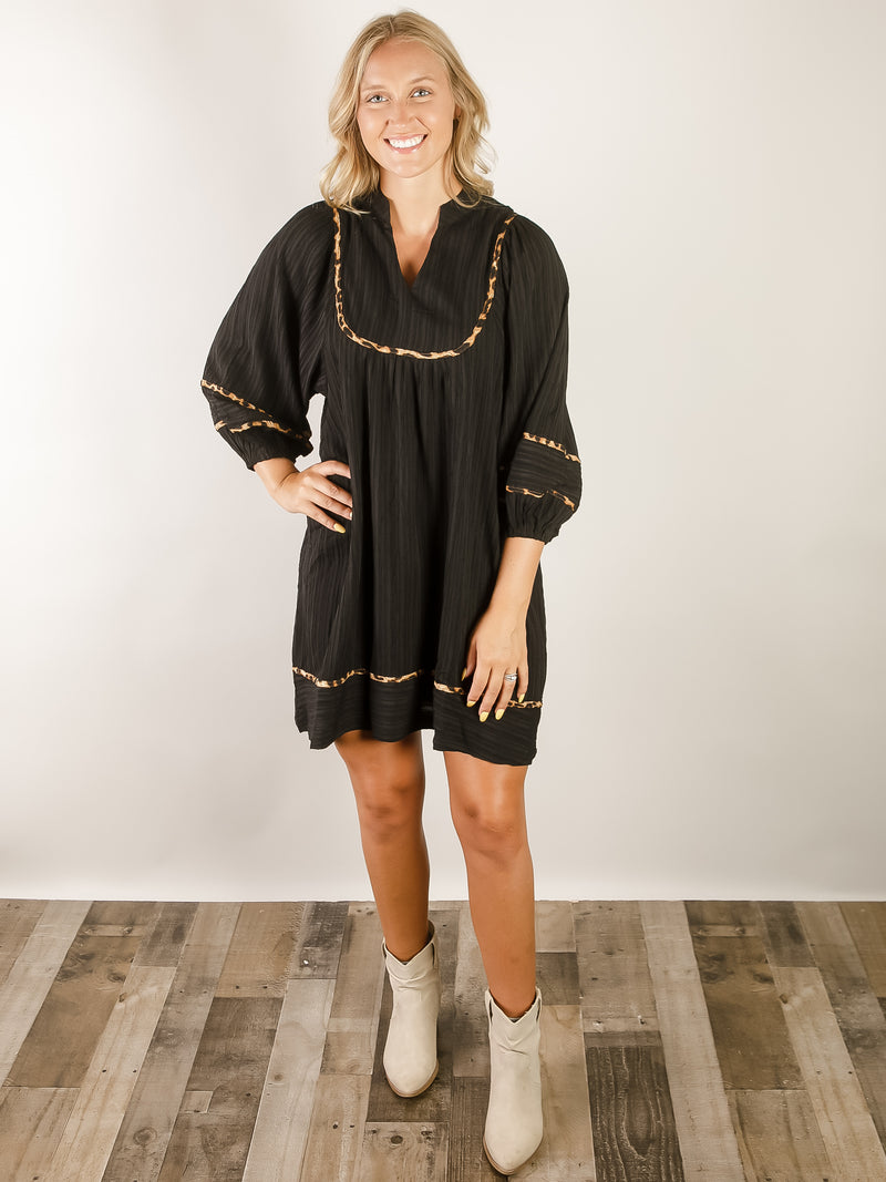 Textured Black Babydoll Dress with Leopard Trim