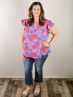 Curvy Royal Blue and Fuchsia Floral Sleeveless Blouse