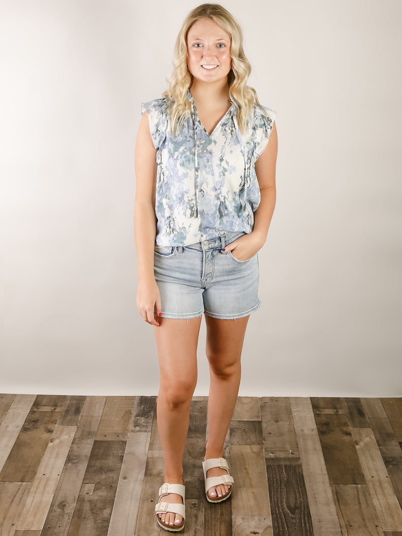 Blue Floral Print Ruffled Sleeveless Top
