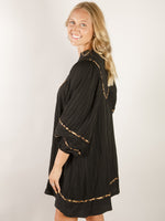 Textured Black Babydoll Dress with Leopard Trim
