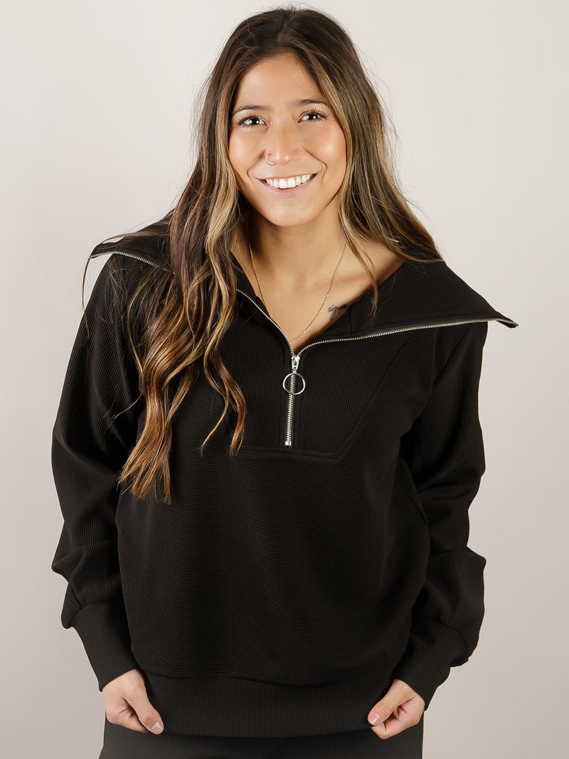 Black Ribbed Knit 1/2 Zip Set