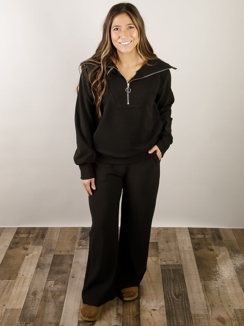Black Ribbed Knit 1/2 Zip Set