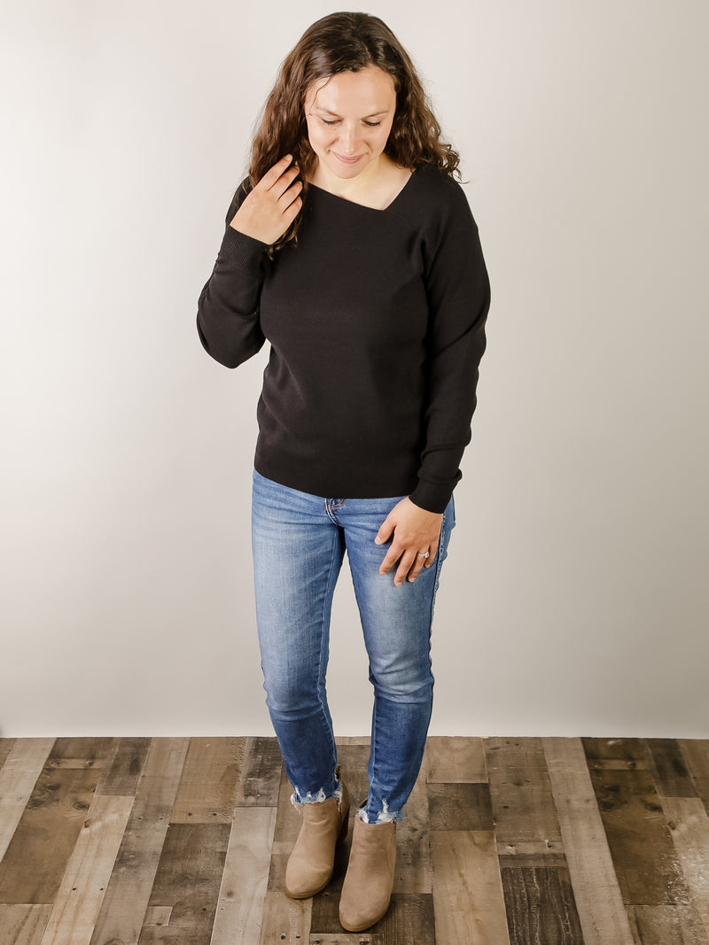 Black Solid Asymmetrical Sweater