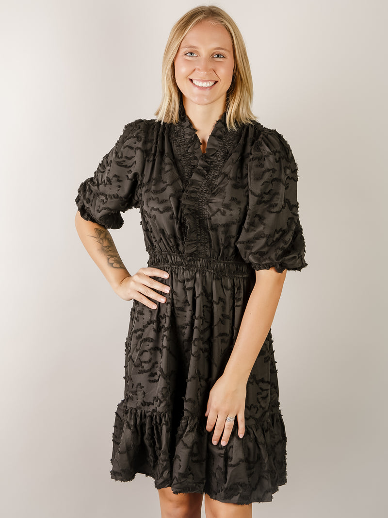 Black Textured Ruffled Dress
