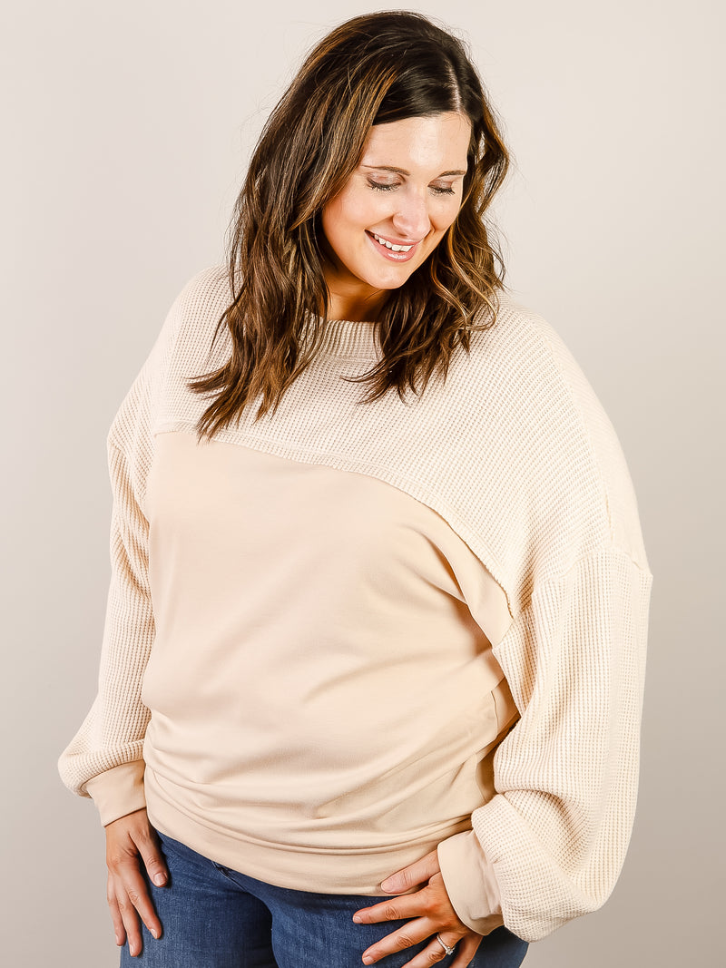Curvy Cream Waffle and Terry Mix Pullover