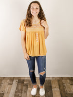 Marigold Embroidered Split Short Sleeve Blouse