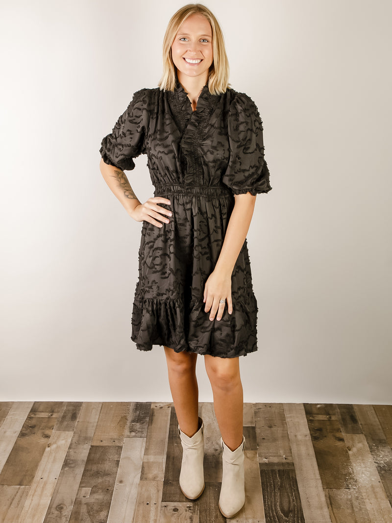 Black Textured Ruffled Dress