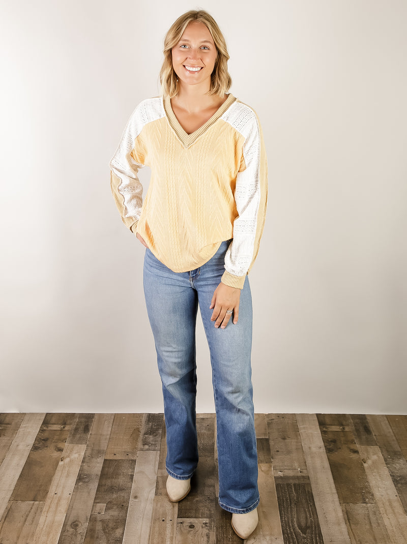 Mustard Cable Knit with Lace Sleeve