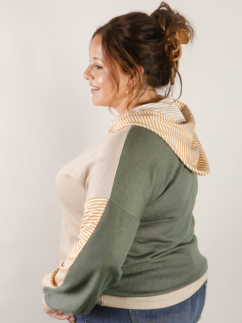 Taupe and Olive Color Block Striped Sleeve Hoodie