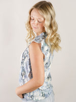 Blue Floral Print Ruffled Sleeveless Top