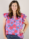 Curvy Royal Blue and Fuchsia Floral Sleeveless Blouse