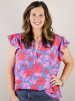 Curvy Royal Blue and Fuchsia Floral Sleeveless Blouse