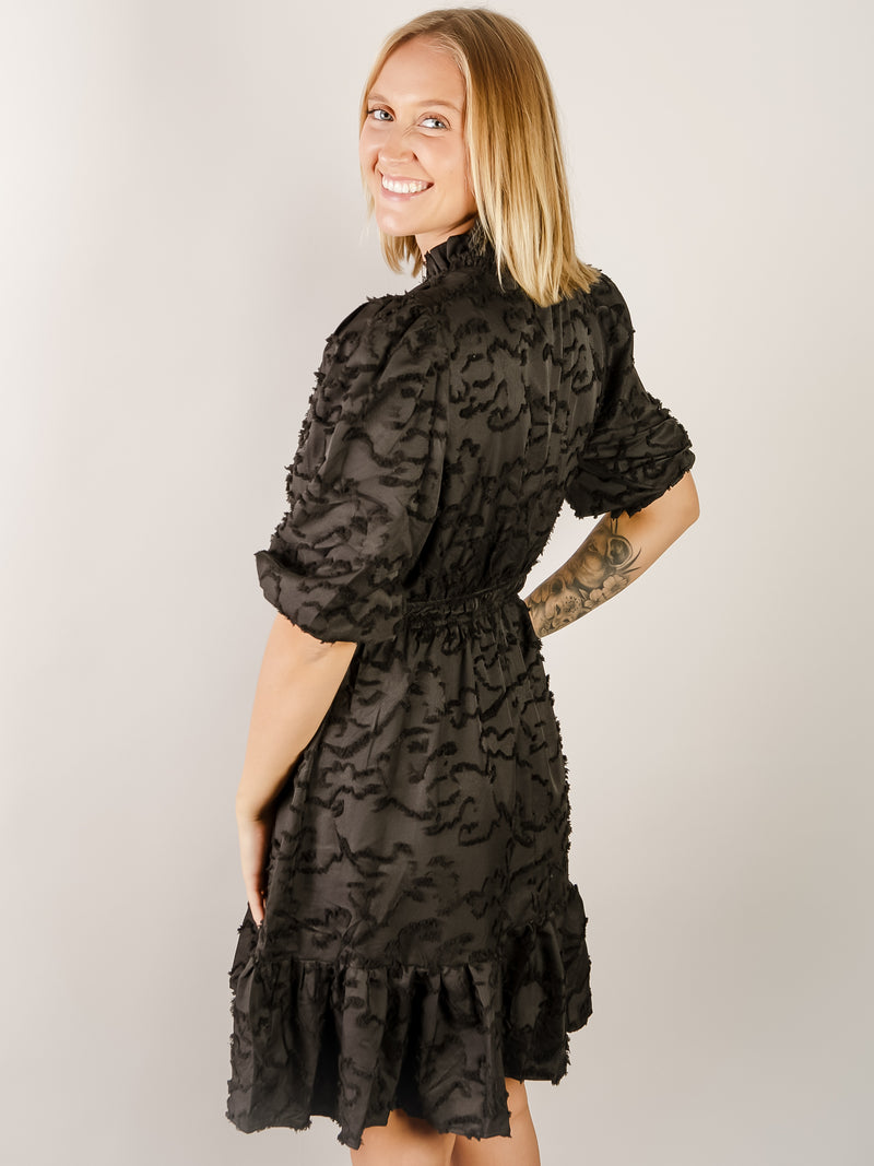 Black Textured Ruffled Dress