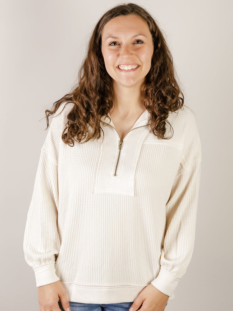 Cream Half-Zip Waffle Knit Pullover