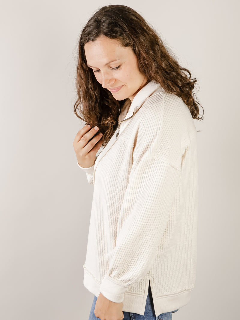 Cream Half-Zip Waffle Knit Pullover