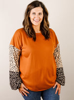 Curvy Camel Knit Top with Animal Print Sleeve