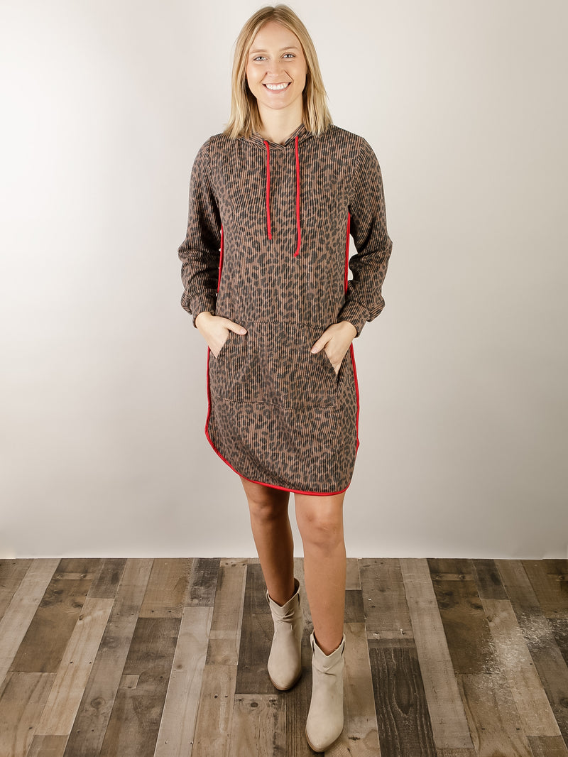 Ribbed Leopard Knit Hooded Dress