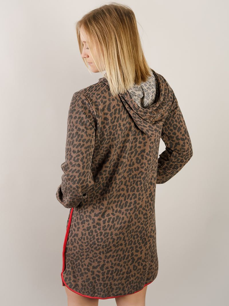 Ribbed Leopard Knit Hooded Dress