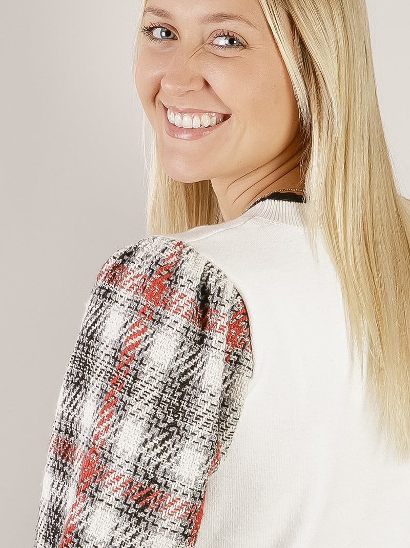 Crewneck Off-White Sweater with Plaid Sleeves