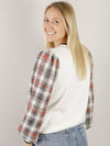 Crewneck Off-White Sweater with Plaid Sleeves