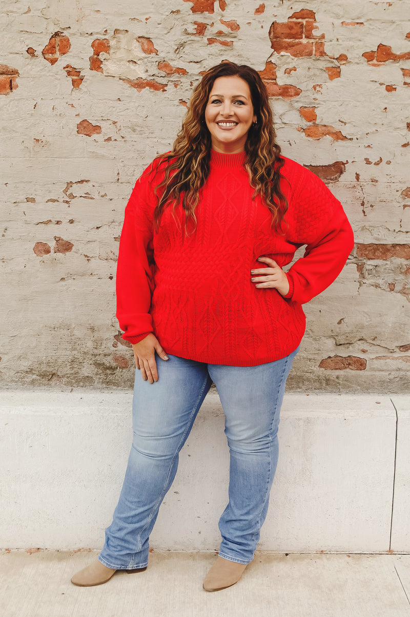 Curvy Solid Red Cable Sweater