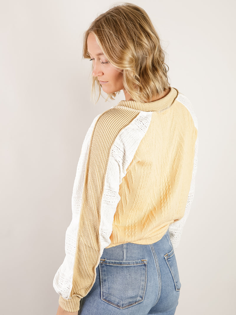 Mustard Cable Knit with Lace Sleeve