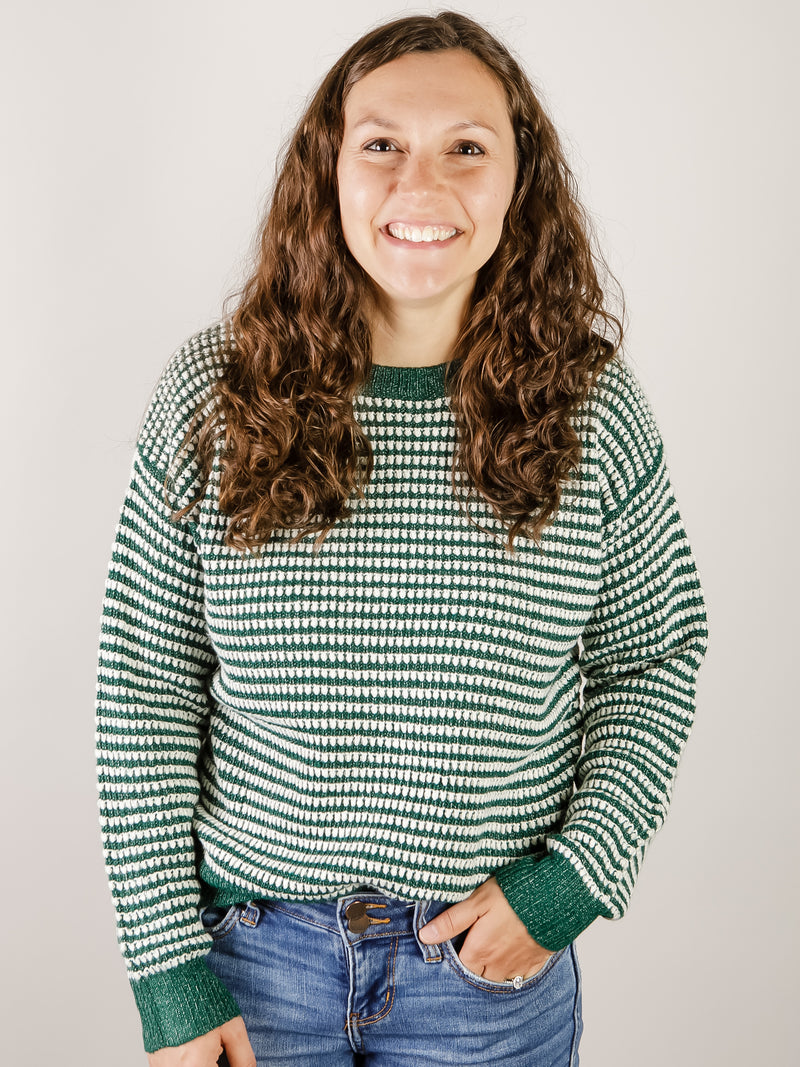 Green and White Waffle Stipe Sweater