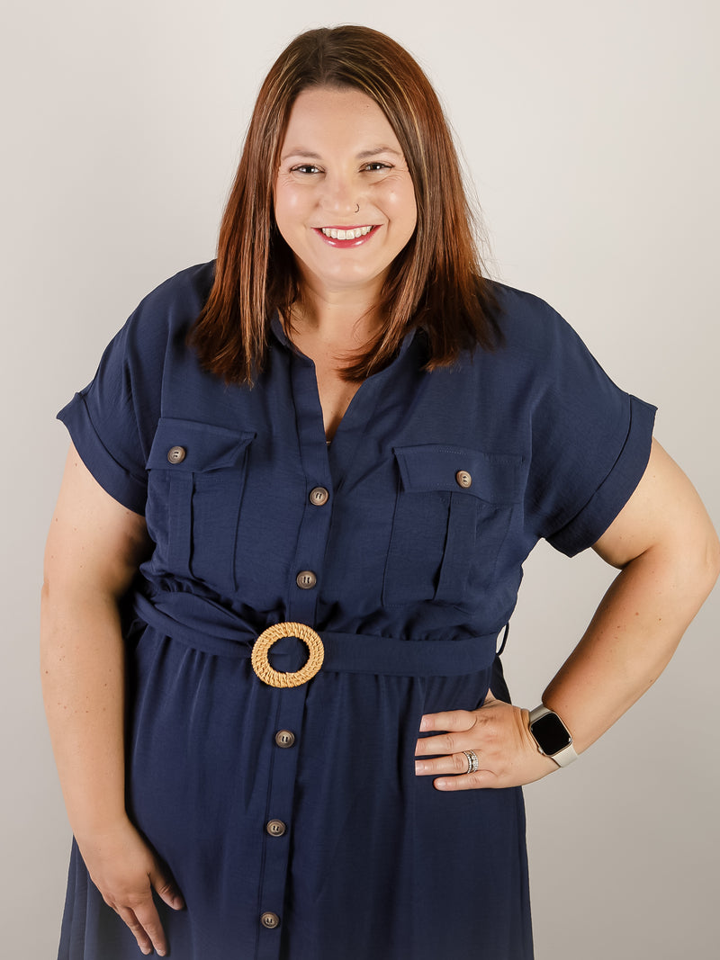 Curvy Navy Belted Shirt Dress