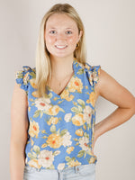 Blue and Yellow Floral Ruffled Sleeve Blouse