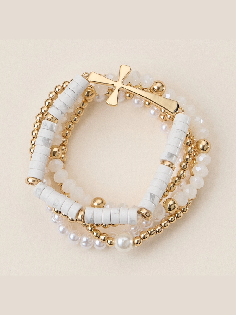 Faith & Cross & Pearl Stretch Bracelet Stack Set (Multiple Colors)