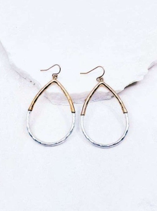 Two Toned Hammered Hoop Drop Earring