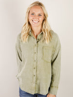 Olive Washed Raw Edge Button Down Shirt