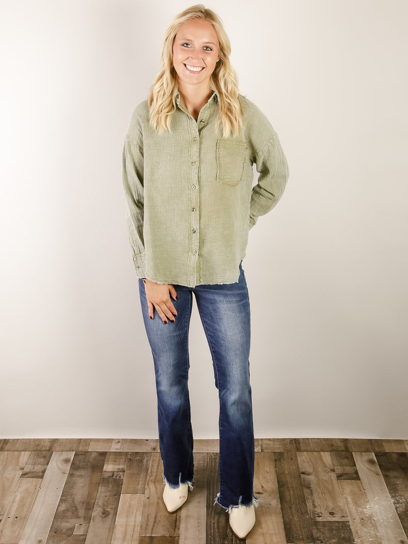 Olive Washed Raw Edge Button Down Shirt