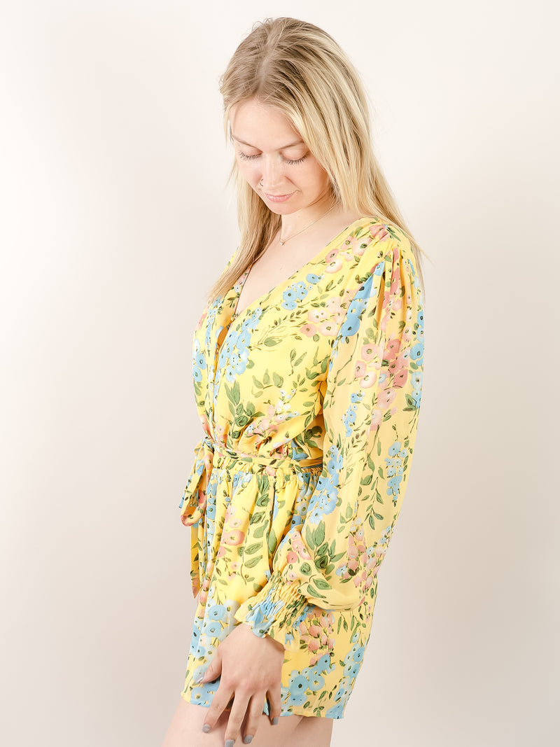 Yellow Floral Tie Waist Romper