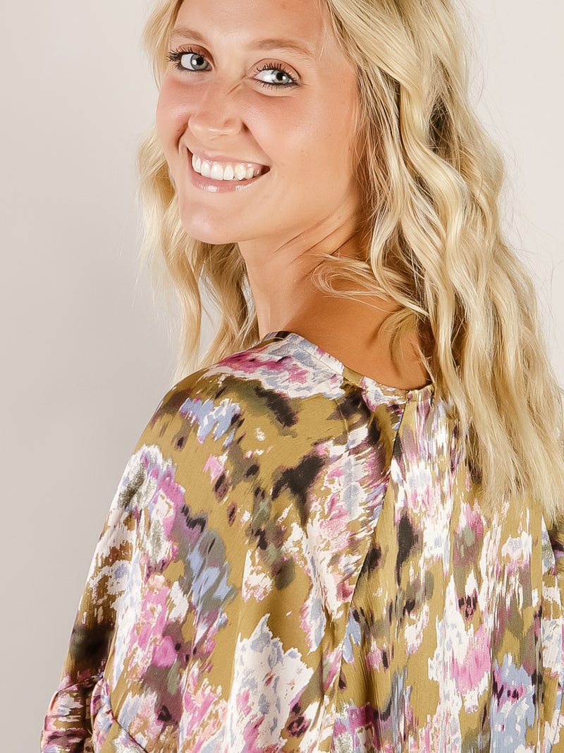 Olive Print Bubble Sleeve Blouse